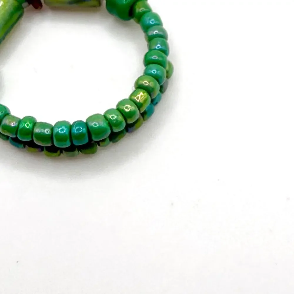 Vintage 90s Green Glass Seed Bead Sterling Silver Dangle Wrap Boho Ring